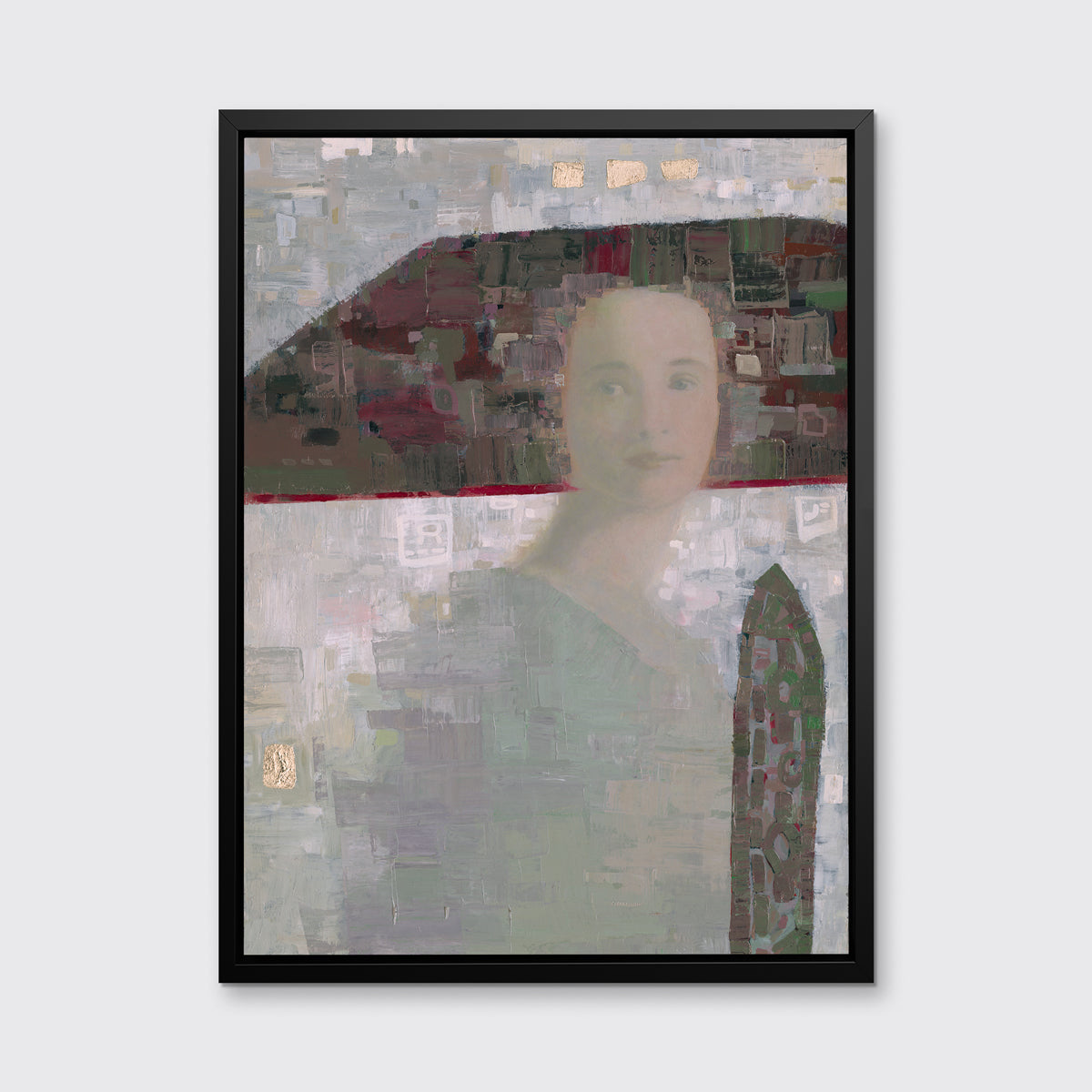 A grey and purple abstract of a woman with a large headpiece print in a black floater frame hangs on a white wall.