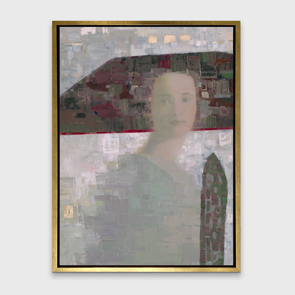 A grey and purple abstract of a woman with a large headpiece print in a gold floater frame hangs on a white wall.