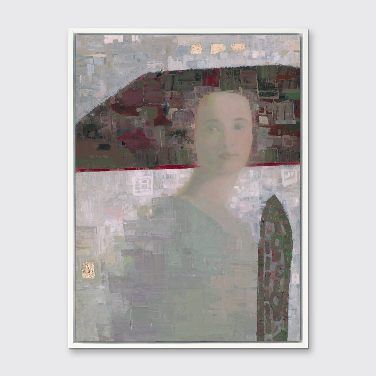 A grey and purple abstract of a woman with a large headpiece print in a white floater frame hangs on a white wall.