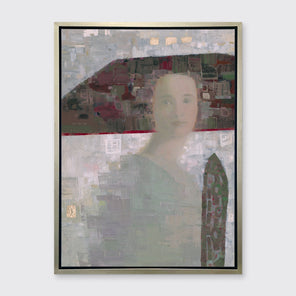 A grey and purple abstract of a woman with a large headpiece print in a silver floater frame hangs on a white wall.