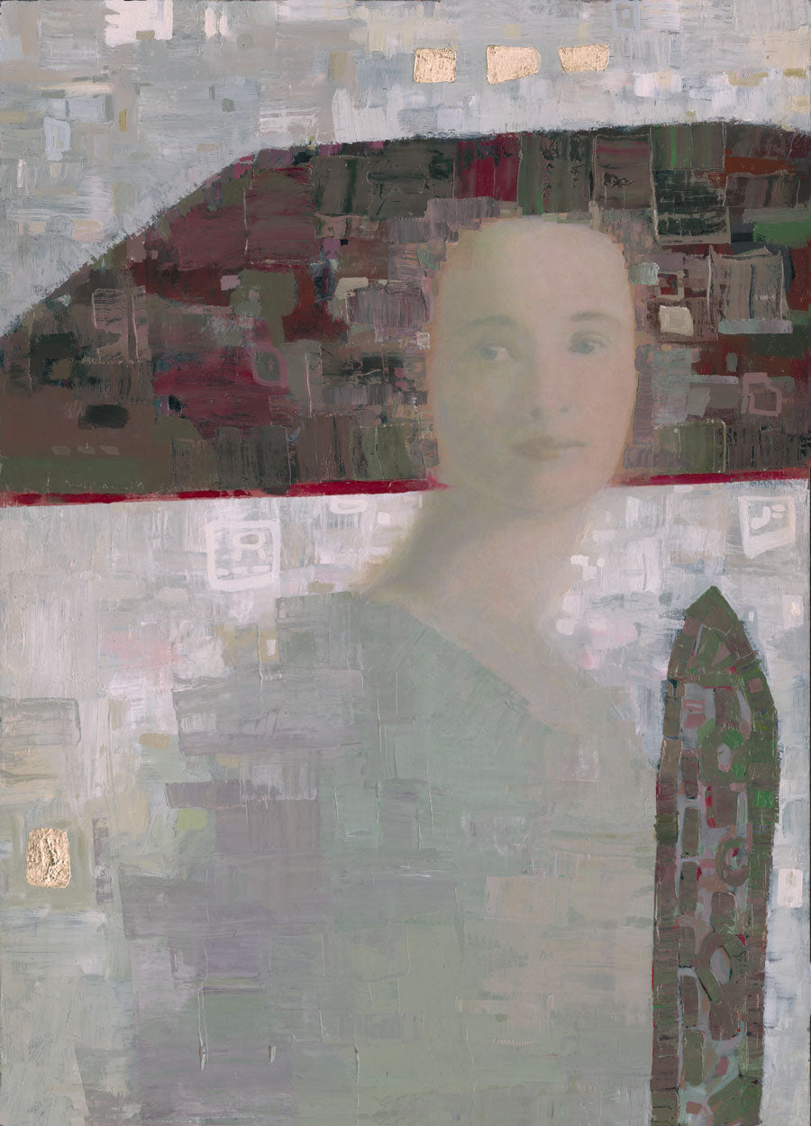 A grey and purple abstract of a woman with a large headpiece print by Ned Martin.