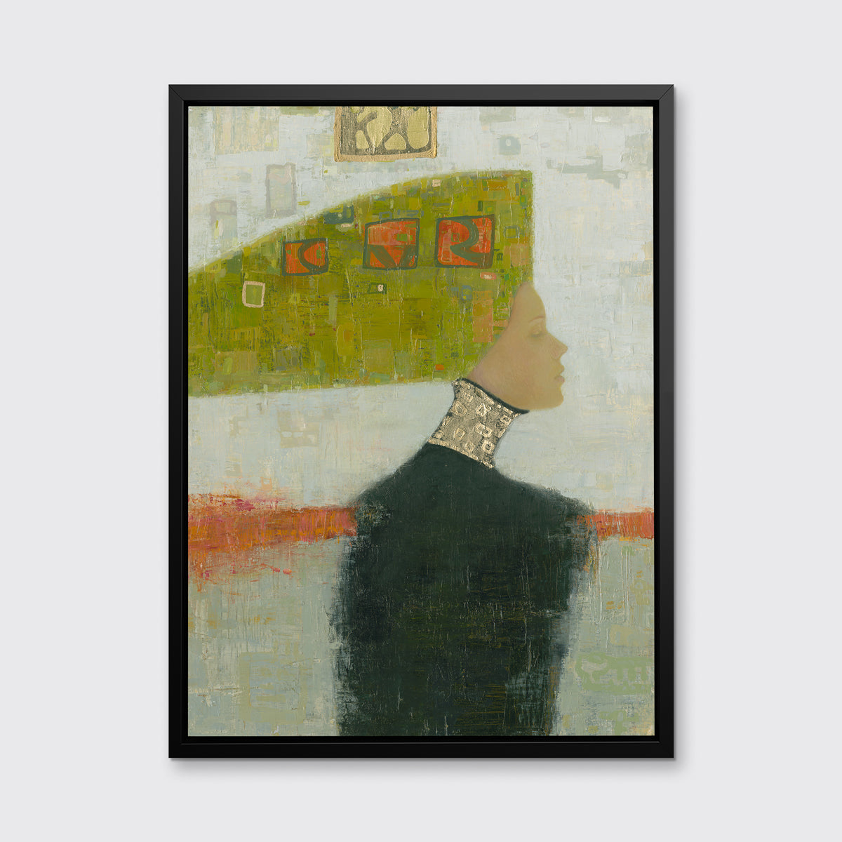 A grey, green and orange abstract print of a woman with a headpiece in a black floater frame hangs on a white wall.