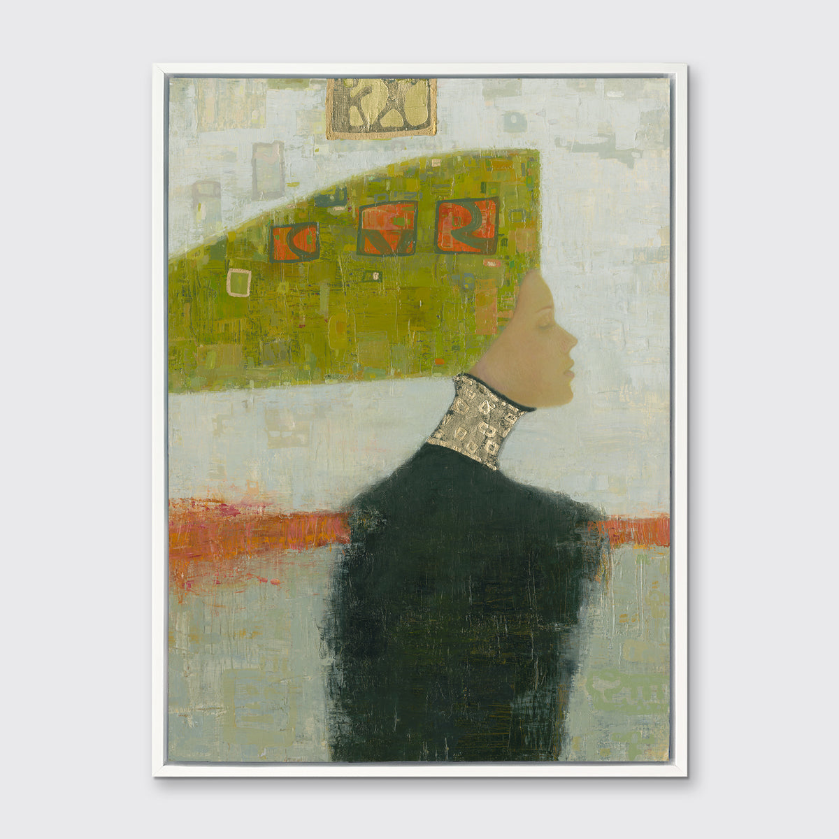 A grey, green and orange abstract print of a woman with a headpiece in a white floater frame hangs on a white wall.