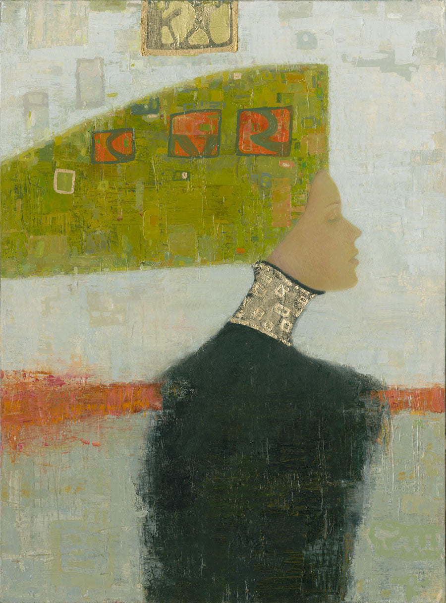 A grey, green and orange abstract print of a woman with a headpiece by Ned Martin.