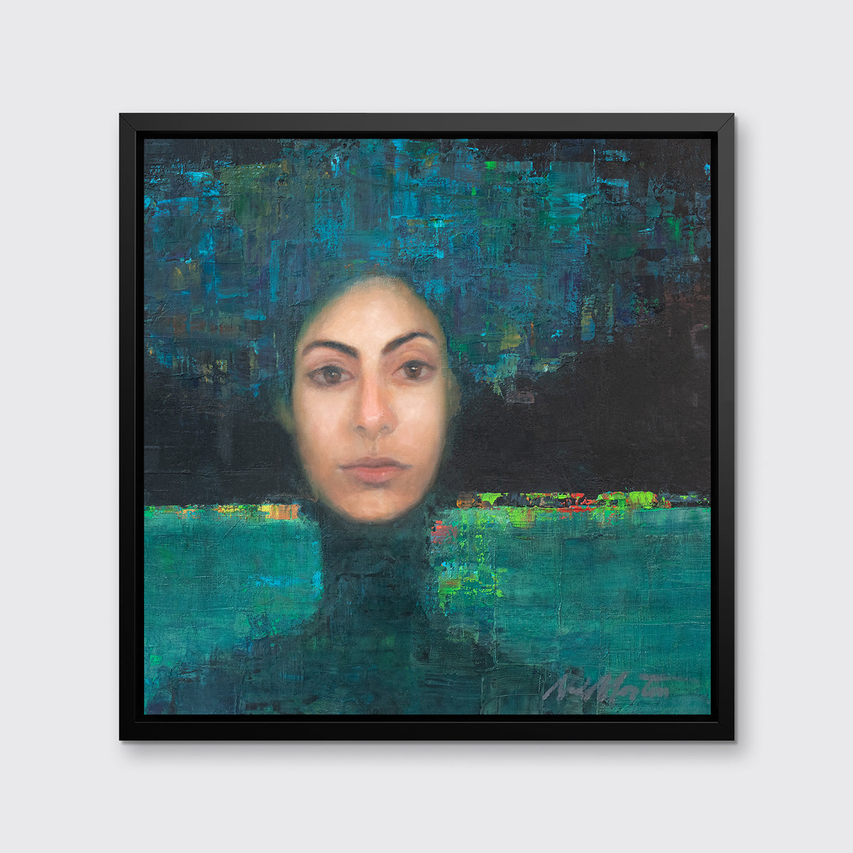 A blue, black, teal and beige abstract figural print in a black floater frame hangs on a white wall.