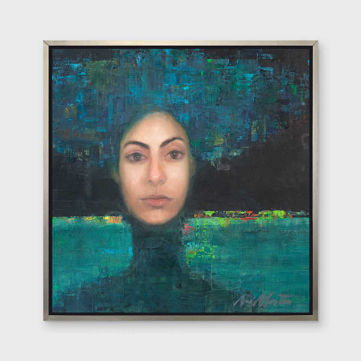 A blue, black, teal and beige abstract figural print in a silver floater frame hangs on a white wall.