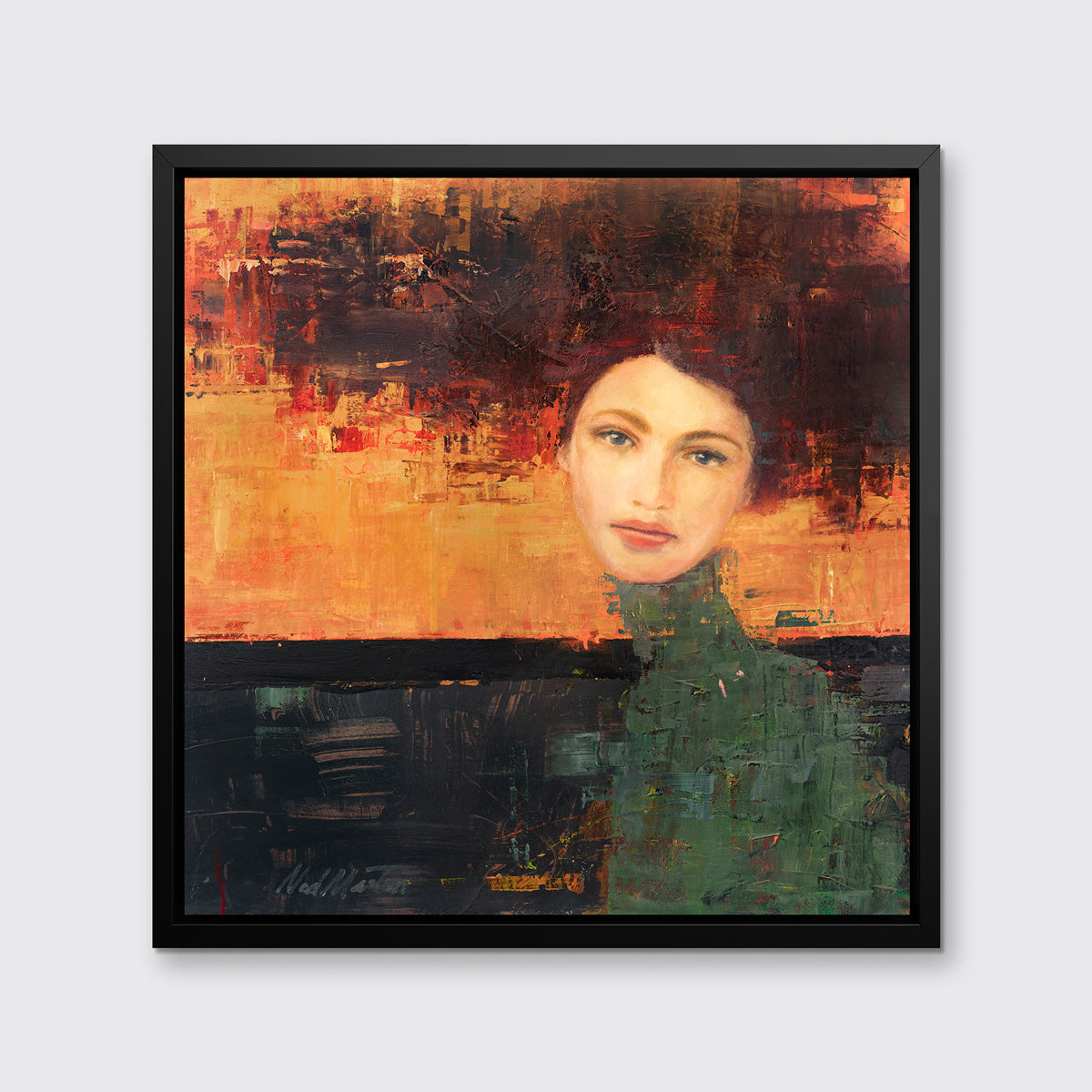 A orange, red, green and black abstract figural print in a black floater frame hangs on a white wall.