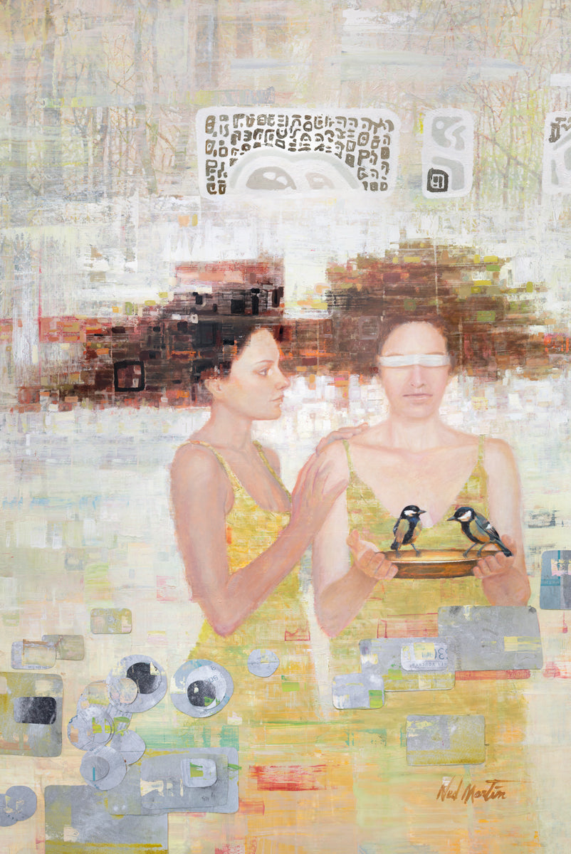 A silver, yellow, and grey abstract figural print of two women, one is blindfolded and holding a dish with two birds by Ned Martin.