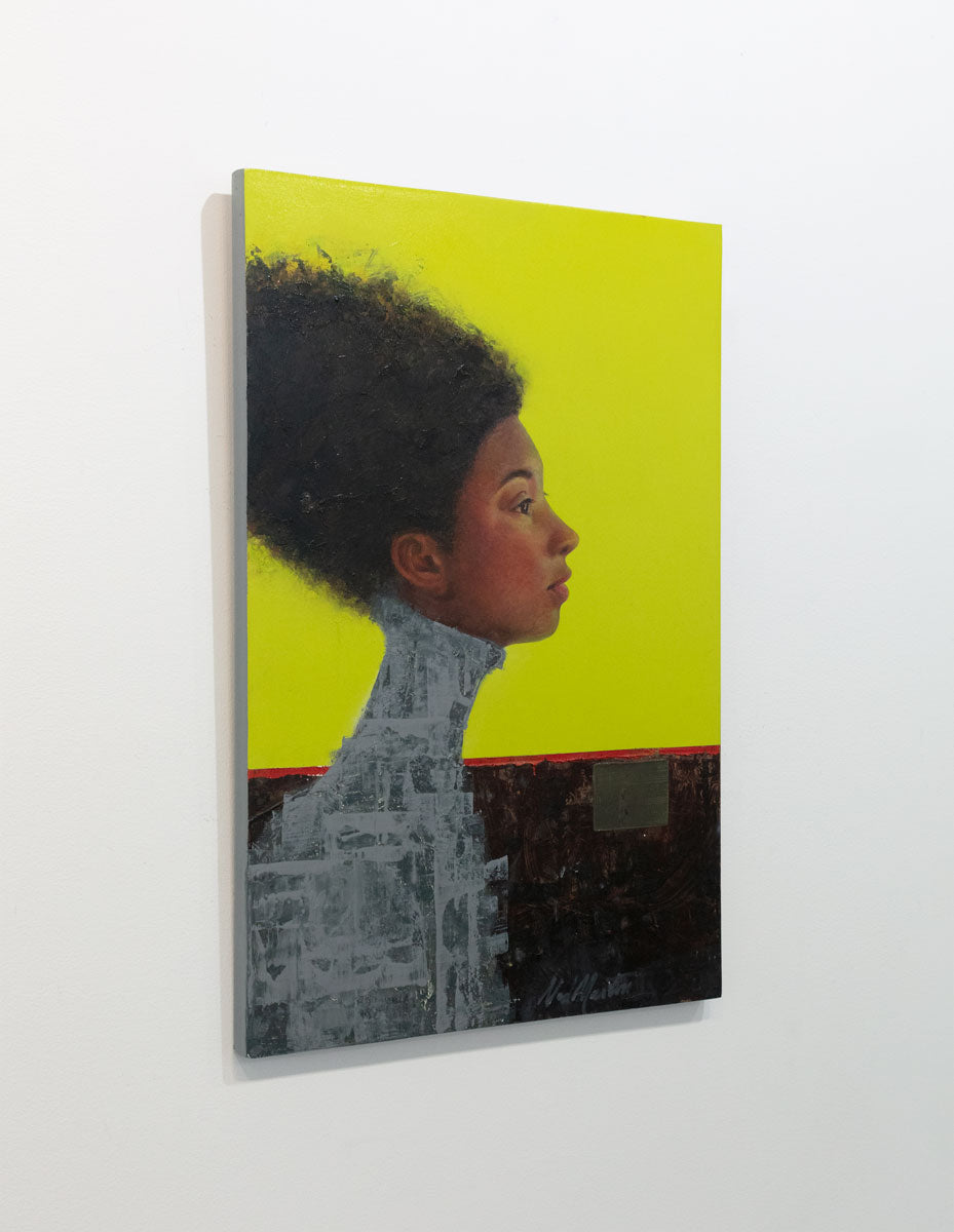 A painting of the side profile of a woman with a beehive hairstyle on a yellow-green background is seen at an angle on a gallery wall.