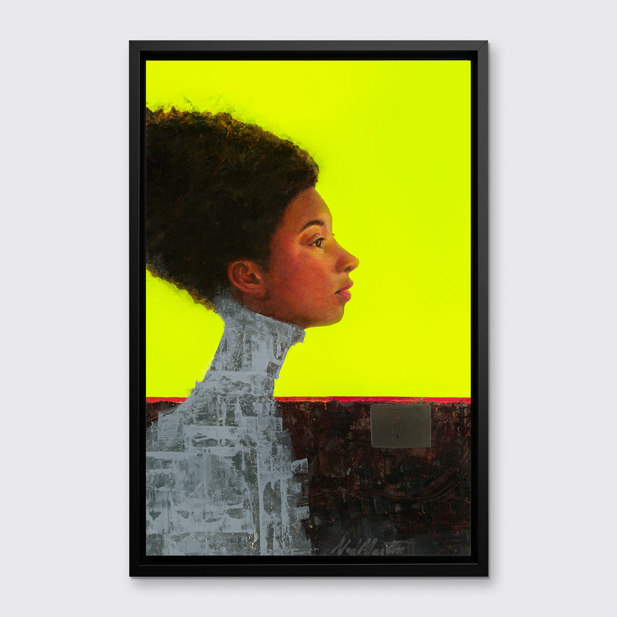 A grey, brown red and neon yellow abstract figural print in a black floater frame hangs on a white wall.