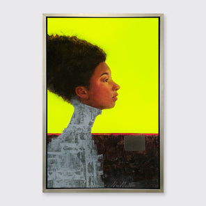 A grey, brown red and neon yellow abstract figural print in a silver floater frame hangs on a white wall.