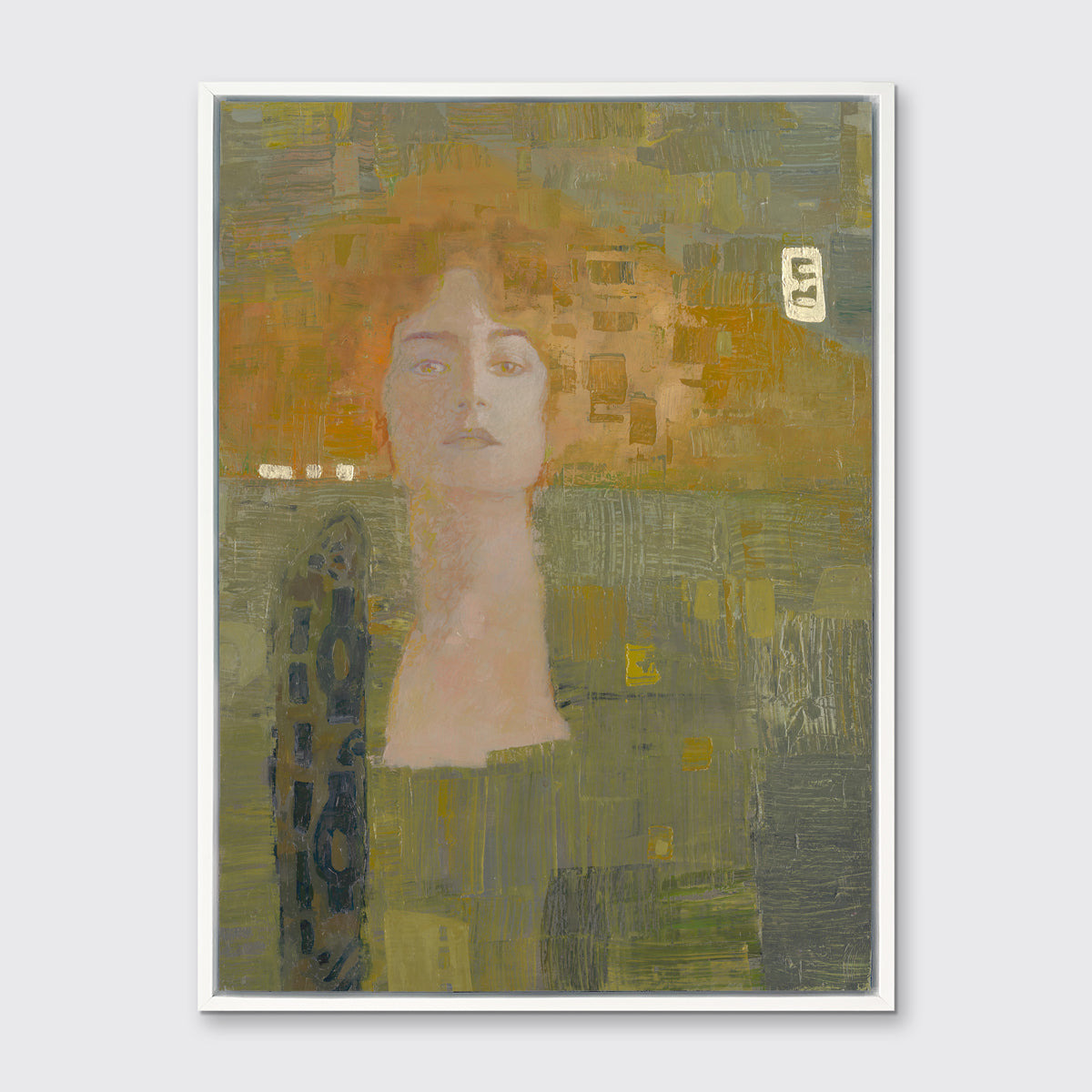 A orange and olive green abstract print of a woman in a white floater frame hangs on a white wall.