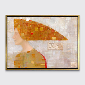A print of an abstract portrait of a woman in profile wearing a long orange and gold, triangular head piece in a gold floater frame hangs on a white wall.