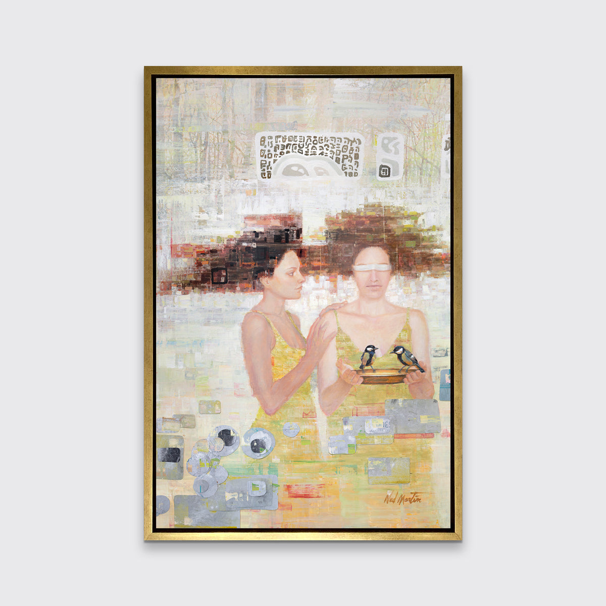A silver, yellow, and grey abstract figural print in a gold floater frame hangs on a white wall.
