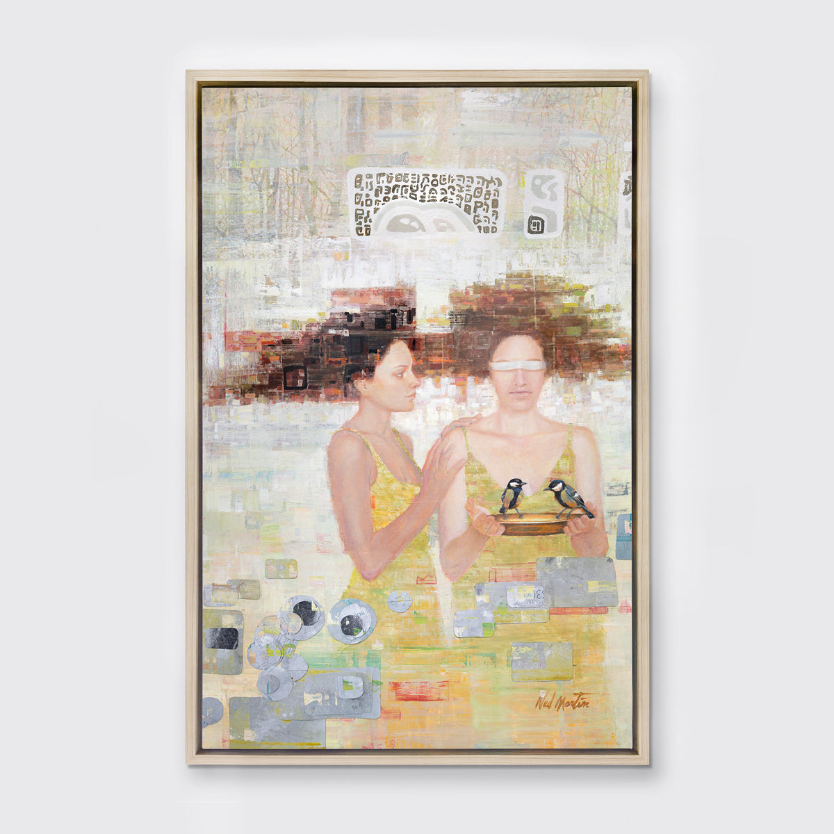A silver, yellow, and grey abstract figural print in a white oak wood floater frame hangs on a white wall.