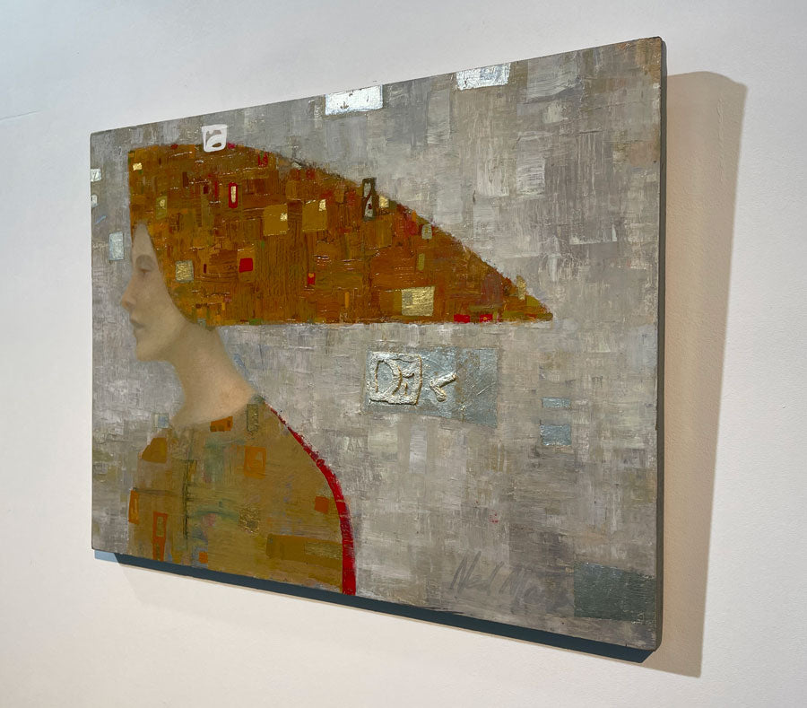 A right-side angle of an abstract portrait of a woman in profile. She wears a long orange and gold, triangular head piece.