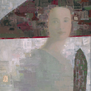 A grey, green and dark red abstracted woman with a headpiece.