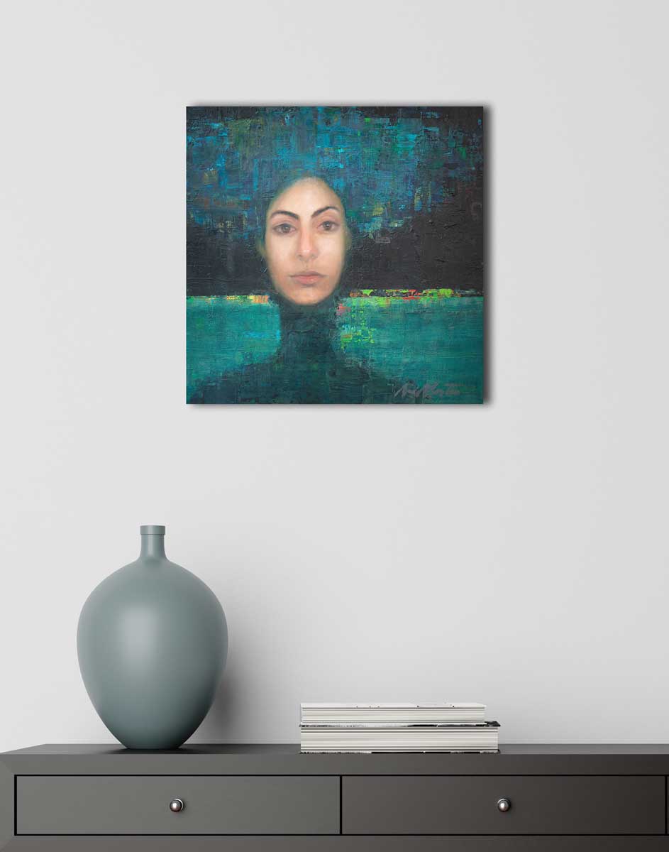 A painting of a woman's face on an abstracted blue and black background is hung above a dresser.