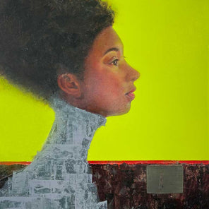 A painting of the side profile of a woman with a beehive hairstyle on a yellow-green background.
