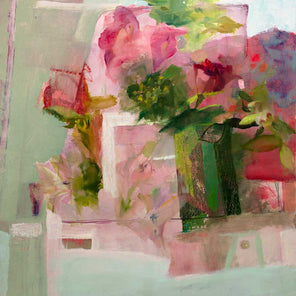 A painting depicts a green vase full of lush, pink roses and peonies. This painting is wired and ready to hang.