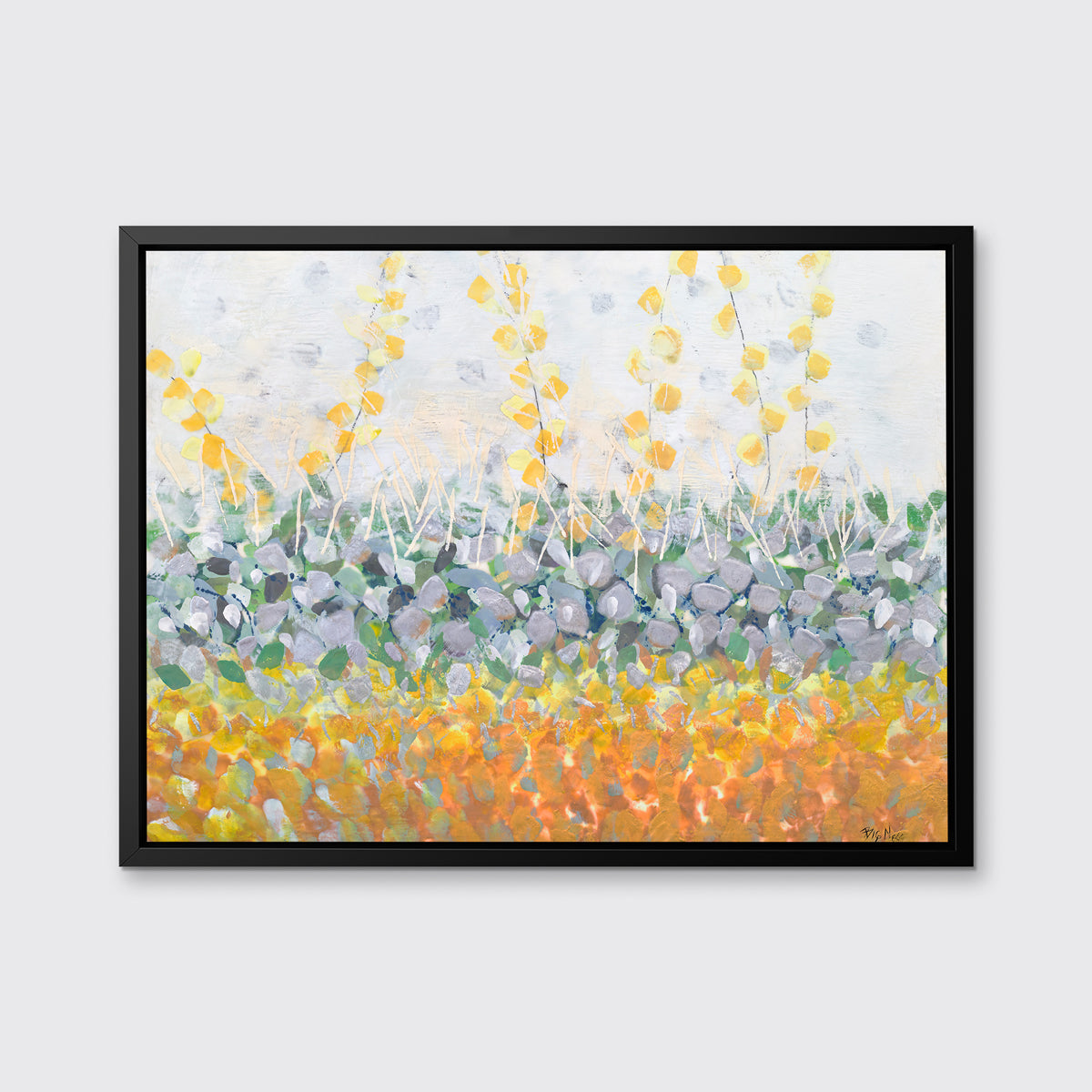 A yellow, purple, green and orange abstract print in a black floater frame hangs on a white wall.