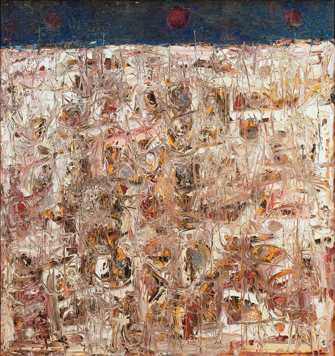 Abstract expressionist painting with textured surface from scraping, exposing under layer.