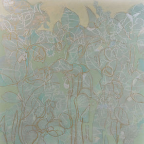 A pastel green, turquoise and yellow painting with floral motifs.