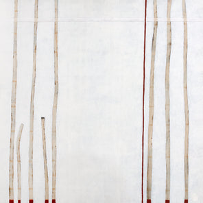 A minimalist painting of beige lines on the right and left of the composition with hints of red on a white background. 