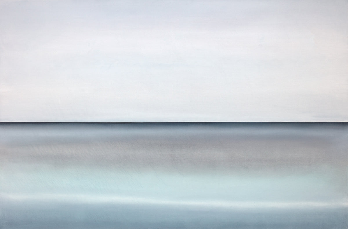 A tonal blue abstract landscape with a defined horizon print by Tony Iadicicco.