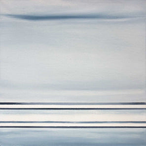 A blue and white linear abstract painting.