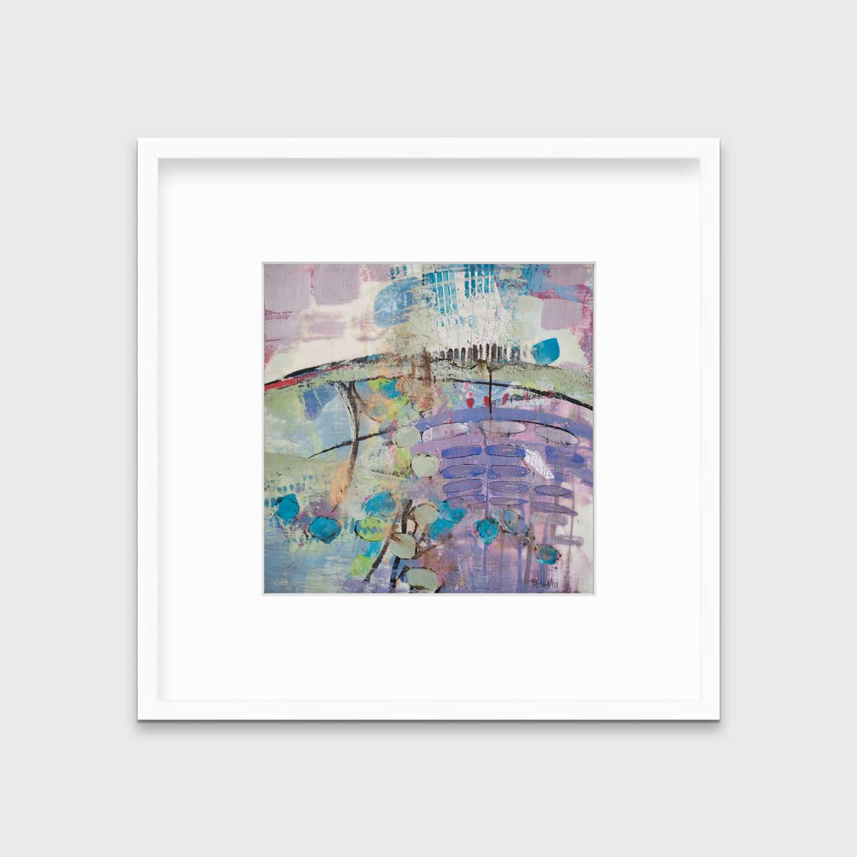 A purple, blue, green and teal abstract print in a white frame with a mat hangs on a white wall.