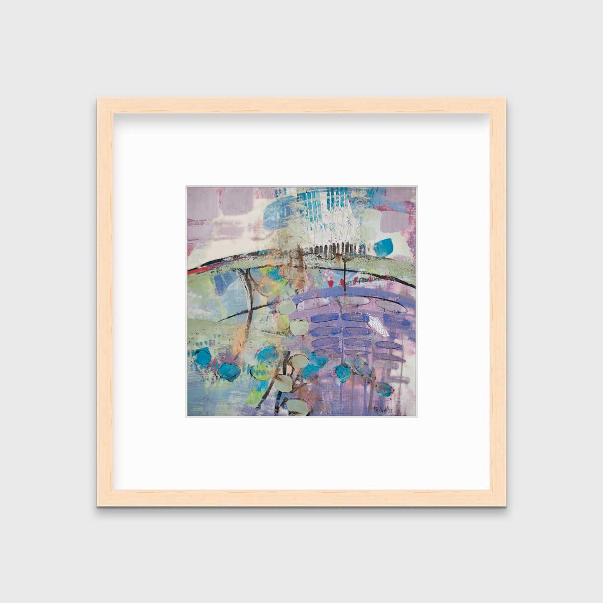 A purple, blue, green and teal abstract print in a natural wood frame with a mat hangs on a white wall.