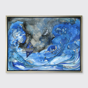 A black, blue and white seascape illustration print framed in a silver frame hangs on a white wall.