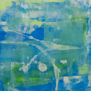 An abstract painting with blue and green patches. Wired and ready to hang.