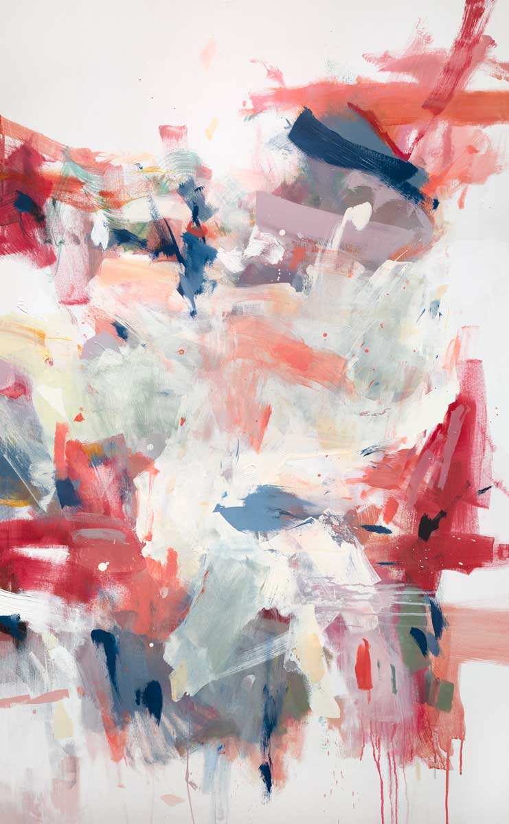 A white and red abstract print by Kelly Rossetti with blue, peach and green accents.