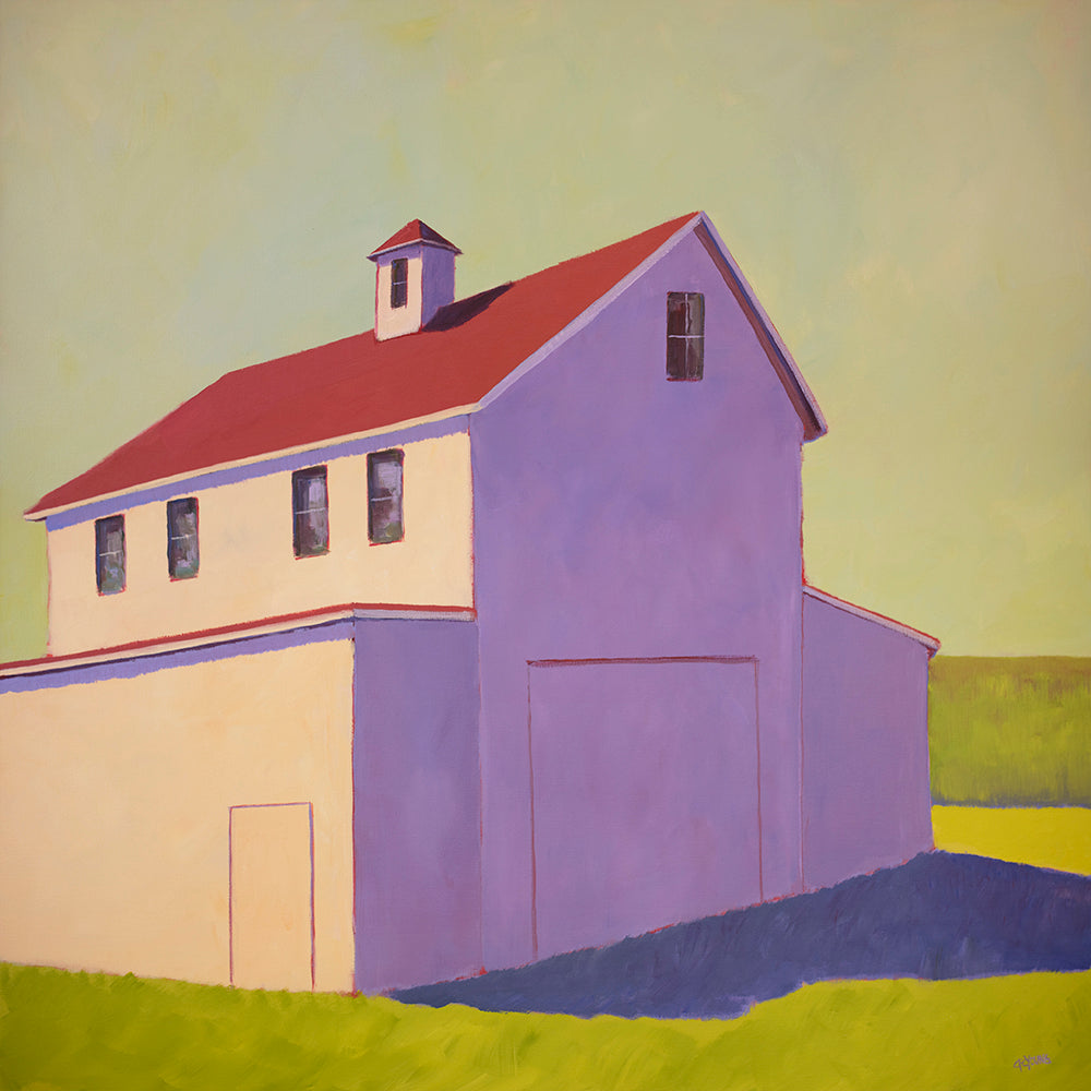 A yellow hued barn with a red roof sits at an angle to the viewer casting a large purple shadow on the front away from the light. The sky and background greenery blend together.