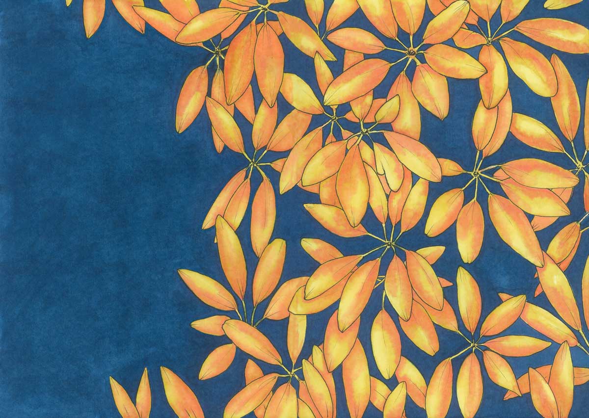 A blue, yellow and orange plant print by Elizabeth Iadicicco.