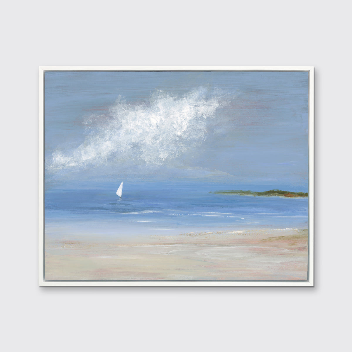 A blue, beige and white abstract seascape print with a small sailboat in a white floater frame hangs on a white wall.
