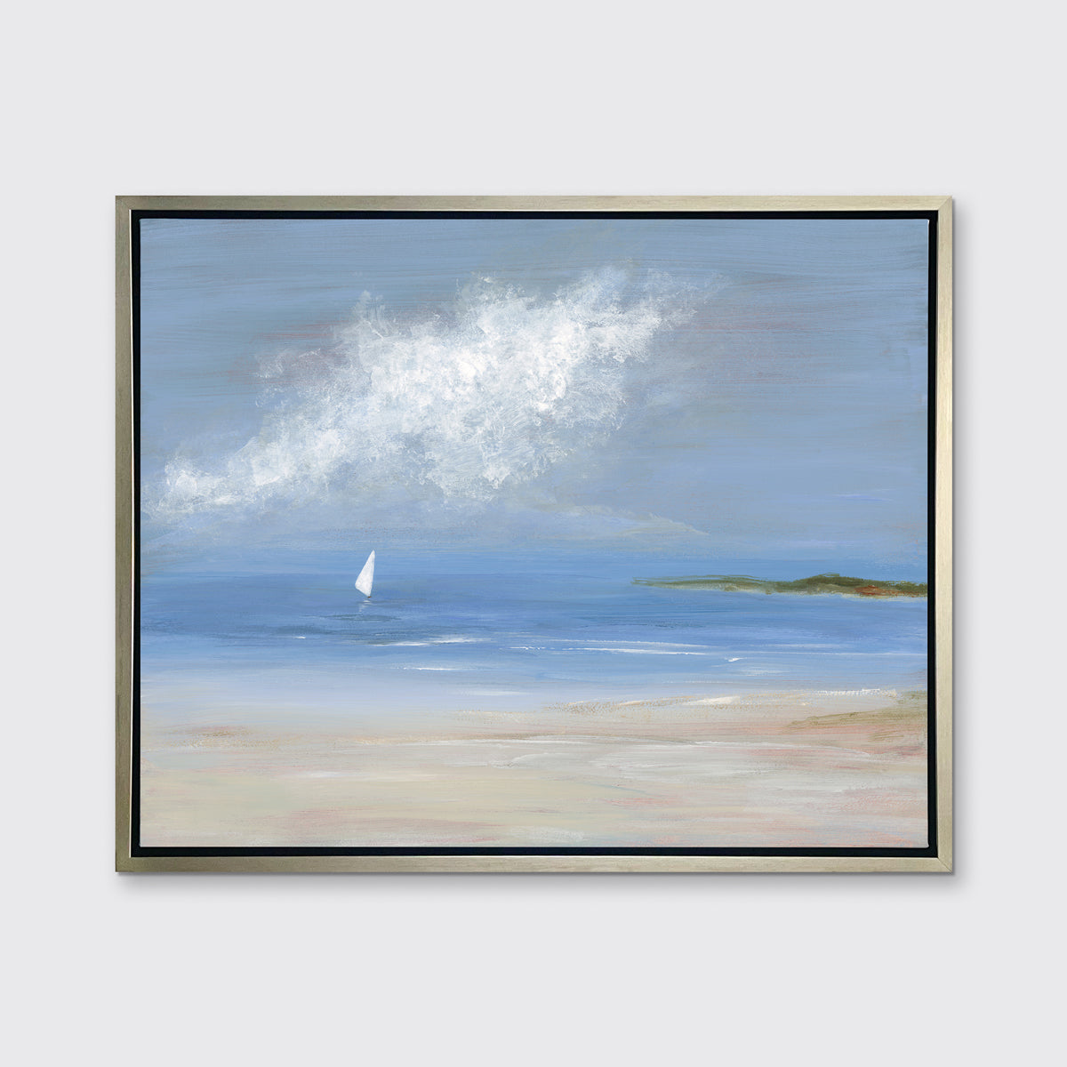 A blue, beige and white abstract seascape print with a small sailboat in a silver floater frame hangs on a white wall.