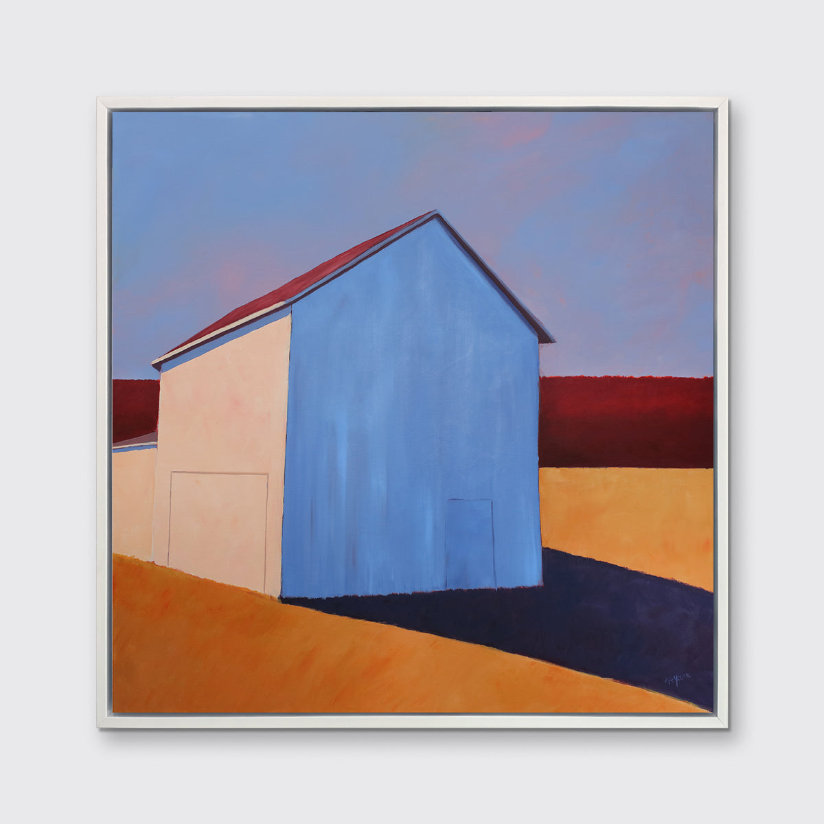 A lavender, red, beige and orange contemporary barn print in a white floater frame hangs on a white wall.