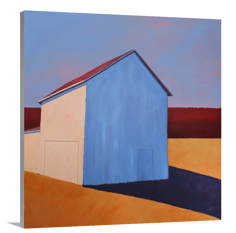 A side-angle view of a lavender, red, beige and orange contemporary barn print on canvas.