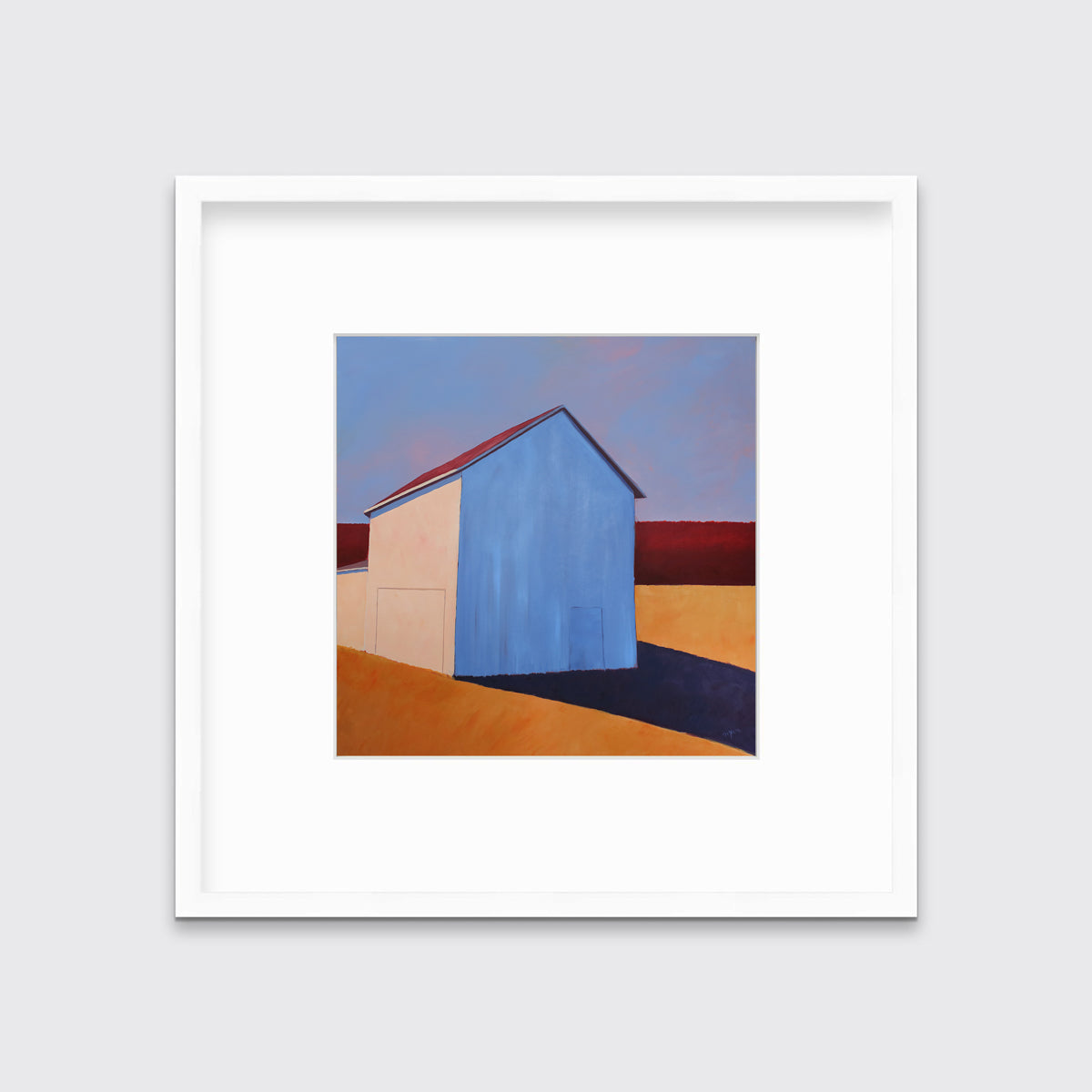 A lavender, red, beige and orange contemporary barn print in a white frame with a mat hangs on a white wall.
