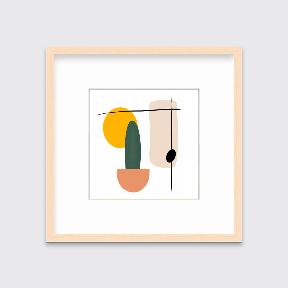 A minimal abstract print of a cactus by Hazal Ozturk in a natural wood frame with a mat hangs on a white wall.