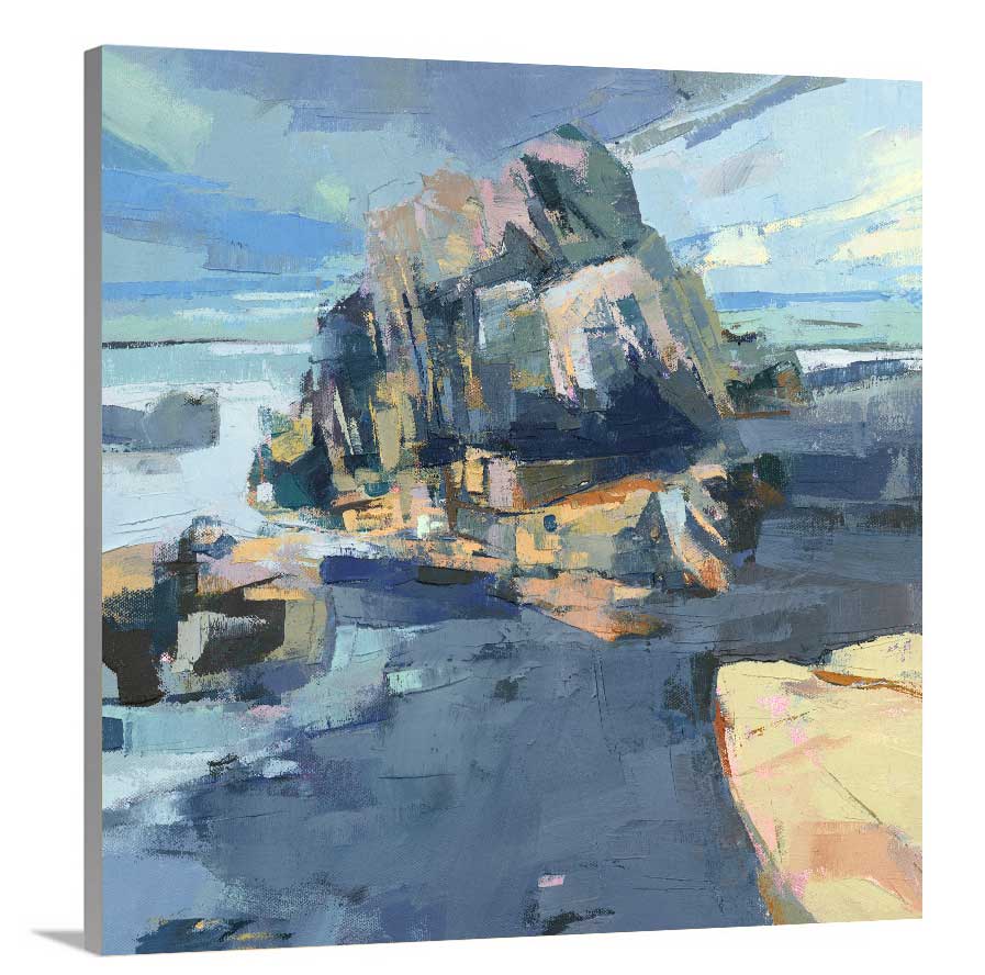 A side-angle view of a blue, green and yellow abstract landscape print on canvas.