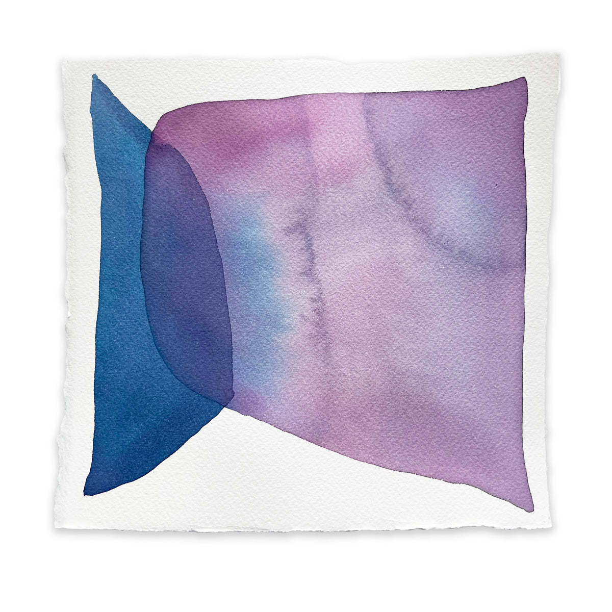 A blue and violet abstract watercolor painting on paper in front of a pure white background.