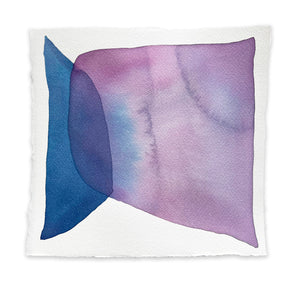A blue and violet abstract watercolor painting on paper in front of a pure white background. 