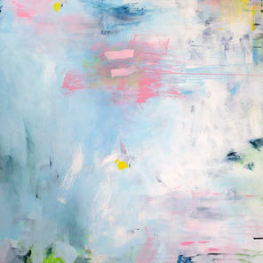 A light blue and pink abstract painting by Kelly Rossetti.