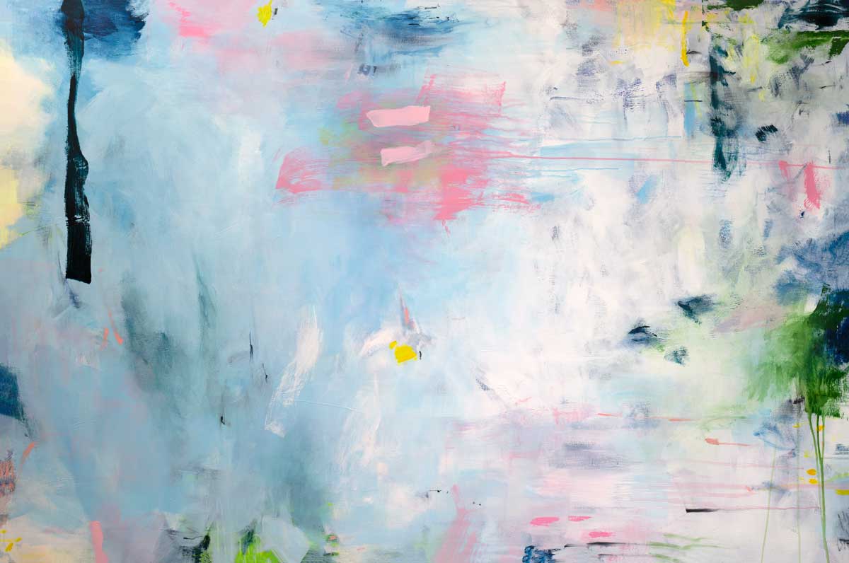 A blue abstract print with pink and green accents by Kelly Rossetti.