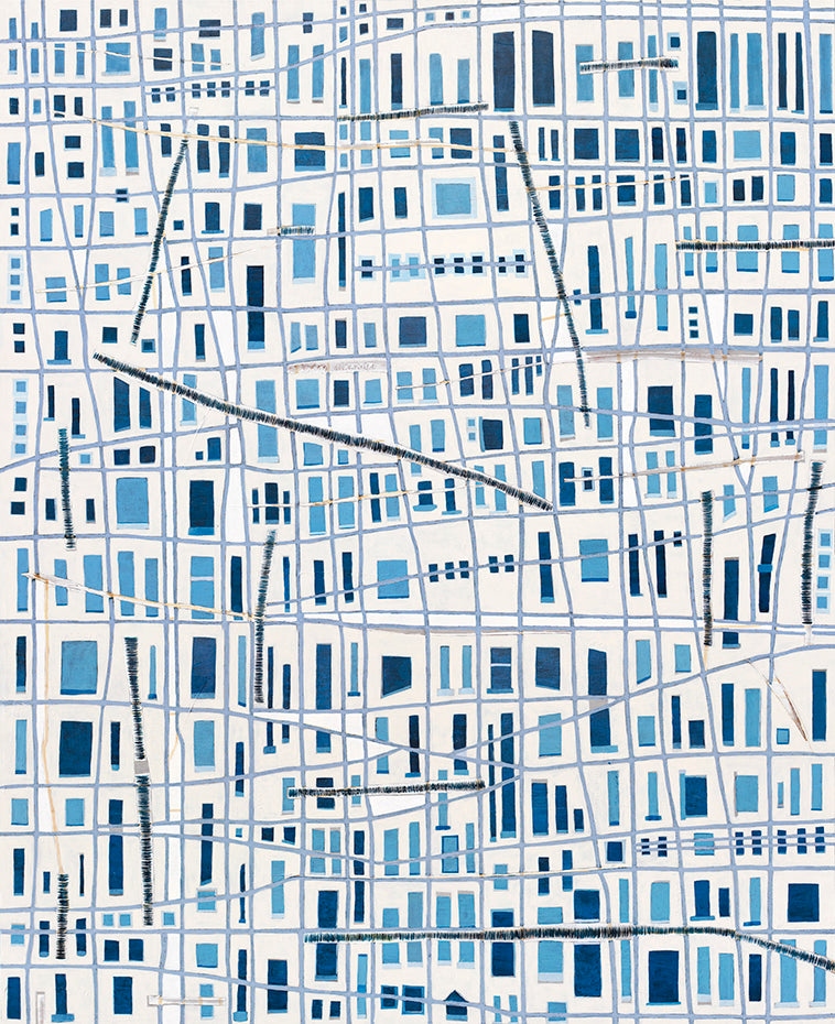 A blue and white geometric abstract print by Sofie Swann.