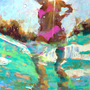 An abstract figurative pastel of a girl in a pink bikini abstracted in aqua water. 